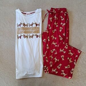 La Vie En Rose Pajama Set 2 Piece Holiday  PJ Set Red Cream Dogs Pant Top Small